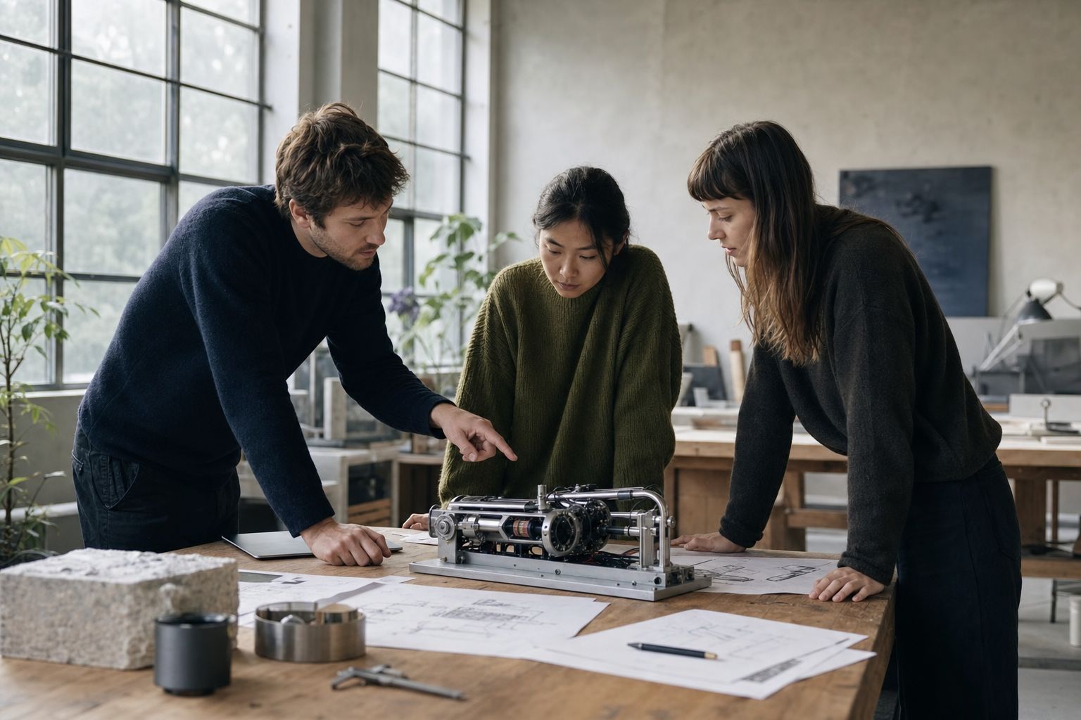 Team bei der gemeinsamen Entwicklung eines technischen Produkts